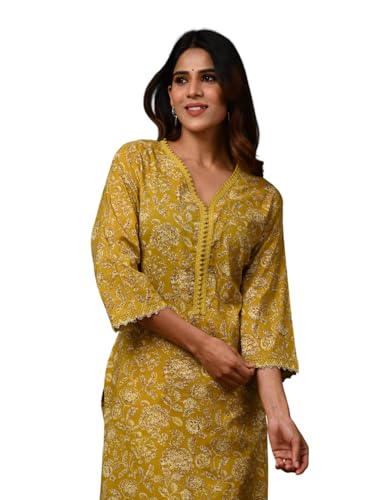 Image of Rimeline Women's Cotton Printed Kurta with Lace Trim Neckline | Straight Fit Ethnic Wear for Office, Casual & Daily Use