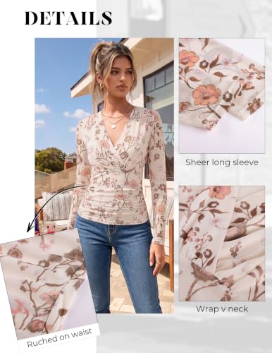 GRACE KARIN Mesh Long Sleeve Tops for Women,Wrap V Neck Boho Top Dressy Casual,Ruched Floral Blouses Clothes Beige S — view 3