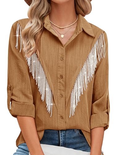 Image of MYMORE Womens Sparkly Fringe Shirt Western Cowgirl Country Concert Outfit