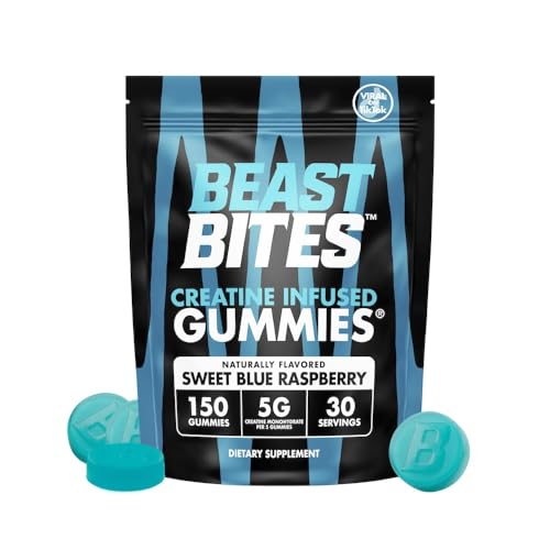 BEAST BITES Creatine Infused Gummies - 5g Creatine Monohydrate Per Serving - NSF Certified for Sport Clean Label Project Certified (150 Gummies Sweet Blue Raspberry)