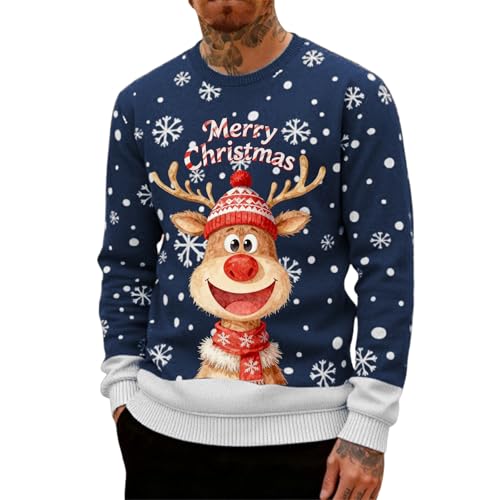 Image of Ugly Christmas Jumpers for Men Crew Neck with Long Sleeves, Warm Cosy Xmas Jumper Funny Christmas Sweater Men Novelty Graphic Reindeer Snowflakes Knitted Xmas Tree Jumpers (Navy-8, XXL)