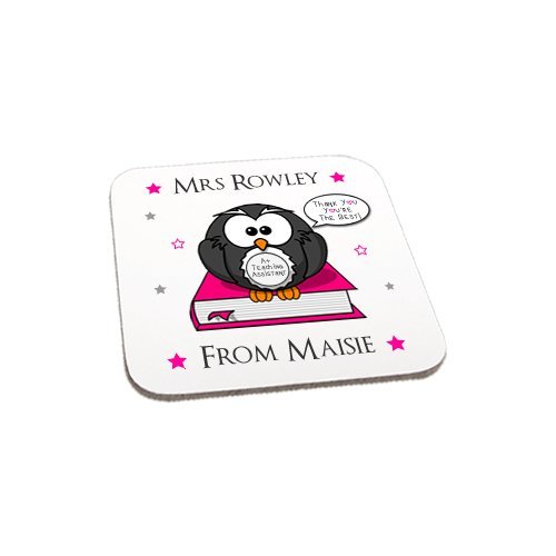 Maisie Moo Gifts Limited Pink Owl Personalised Thank You Blue/ Teaching Assistant Wooden Coaster Gift End Of Term Present (Pink Owl)