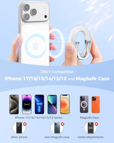 Image of SUPERONE for MagSafe Phone Grip, Adjustable Magnetic Phone Ring Holder Removable Finger Phone Ring Kickstand Compatible with MagSafe Accessories Only for iPhone 16 & 15 & 14 & 13 & 12 (Glitter Silver)