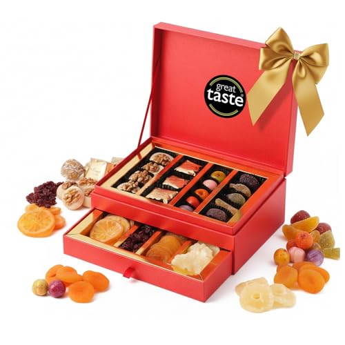 Walnut Tree Luxury Treasure Box | 2-Drawer Gourmet Gift Selection Handpacked in the UK with Marzipan, Fruit Jellies, Marron Glace, and Dried Fruits | Premium Food Gift Box