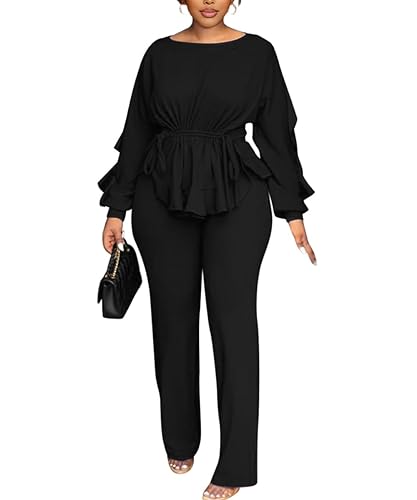Women'S 2 Piece Outfits Suit Set Long Sleeve Peplum Top