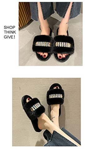 Tiukey Bling Furry Slipper For Women Open Toe With Rhinestone Comfy Soft Plush Ladies Shoes Indoor Women Slippers Slip On Black Size 10 #TOP5