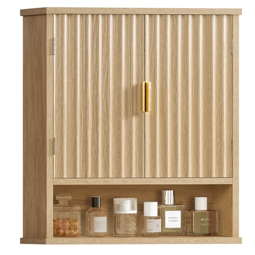 Image of TEENFON Bathroom Wall Storage Cabinet with Adjustable Shelf & 2 Fluted Doors, Medicine Cabinet, Over Toilet Storage Cabinet for Laundry Room, Kitchen, Living Room, Natural