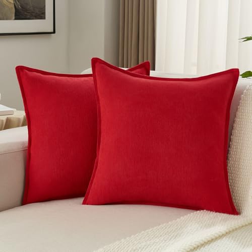 FUTEI Pack of 2 Solid Chenille Throw Pillow Covers 18x18 Inch Soft Edge Decorative Cushion Cases Farmhouse Accent for Couch Bed Living Room Red