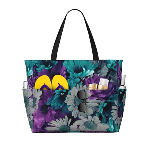 Sacs à main décontractés pour femmes grand sac fourre-tout noir imprimé floral violet et bleu
