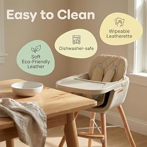 Mallify 3-in-1 Wooden High Chair, Convertible High Chairs for Babies and Toddlers, Baby Highchair with Adjustable Legs & Dishwasher-Safe Tray, Sleek Hardwood & Premium PU Cushion, Beige — photo 5 of 6