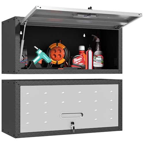 BIZOEIRON Garage Wall Cabinet with Flip-Up Door, Lockable Metal Storage