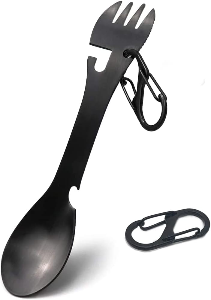 AquaFalcon 5-in-1 Utility Tactical Spork, Stainless Steel Spoon & Bottle Opener, Fork & Knife, Can Opener Combo Camping Utensil for Hiking, Camping or Backpacking