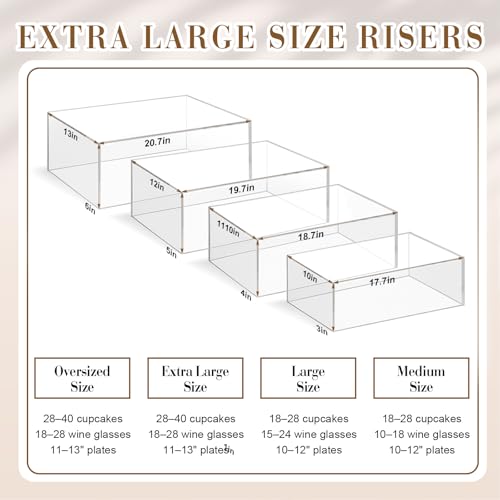 Leinuosen 4 Pcs Extra Large Acrylic Buffet Risers for Food Display Stands Box, 20.7" 19.7" 18.7" 17.7" Rectangle Catering Supplies for Weeding Dessert Table Brunch Setup Decor, Hollow Bottom(Clear) by Leinuosen - Image 2