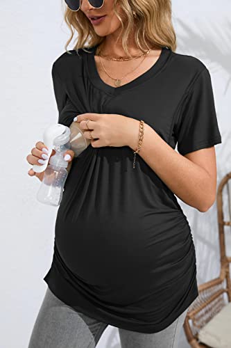 Mesibucu Maternity Nursing Tops For Breastfeeding V-Neck T-Shirt Short Sleeve Clothes Black #TOP1