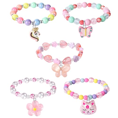 BGSHEMNI 5 Pieces Colorful Girls Unicorn Bracelets Rainbow Beaded Bracelet for Birthday Party Favors Flower Friendship Bracelet Jewelry Little Girls Toddler Costume Butterfly Jewelry