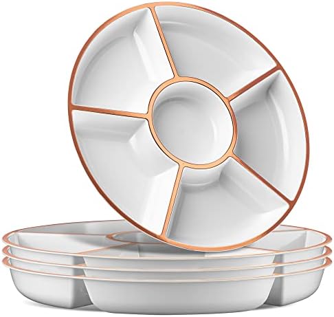 Plasticpro 6 Sectional Round Plastic Serving Tray/Platter (2, White & Rose Gold)