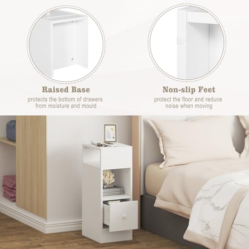 EUGAD Modern White Bedside Table, 25x30x66 cm, 1 Drawer, 2 Open Compartments, Nightstand