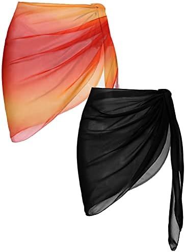 Ekouaer Womens Apparel, 2 Pack, Sheer Swim Sarongs Bathing Suit Cover Up Skirt Beach Sarong Wraps, Black-gradient Orange, Medium