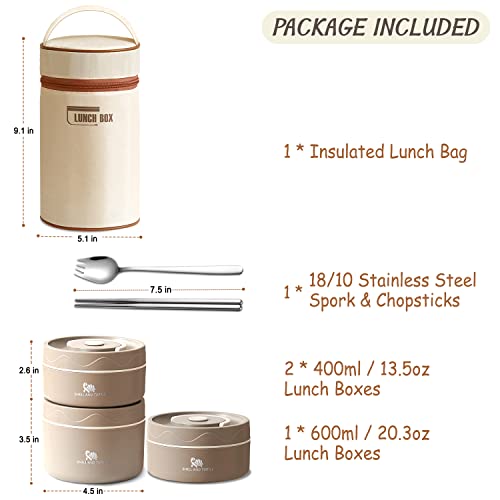 Portable Insulated Lunch Containers, Stainless Steel Bento Box Adult Lunch Box, 47-Oz Stackable Lunch Box Containers With Insulated Lunch Bag, Chopsticks And Spork, 3 Layer, Brown #TOP1