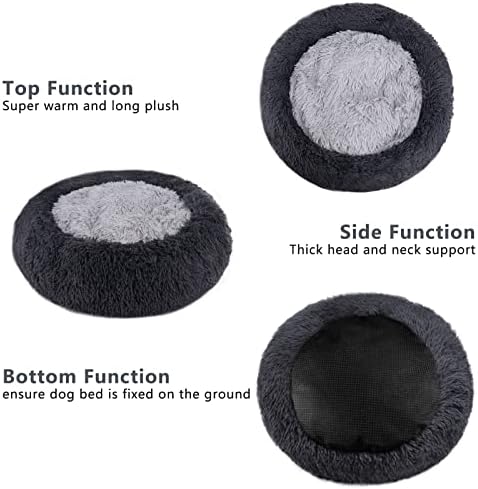 Lydonberg Calm Large Dog Bed Faux Fur Donuts, Fluffy Plush Soft Cat Bed, Warm Round Pet Anti-Anxiety Bed, Non-Slip Machine Washable Pet Bed for Large Medium Dogs and Cats, Dark Grey, 90cm
