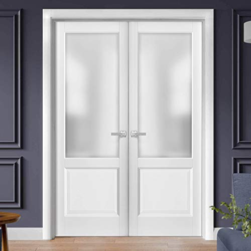 Solid French Double Doors 72 X 80 Inches Frosted Glass | Lucia 22 Matte White | Wood Solid Panel Frame Trims | Closet Bedroom Sturdy Doors #TOP1