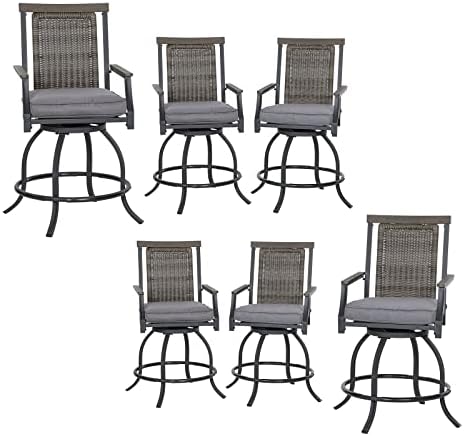 PHI VILLA Outdoor Swivel Bar Stools (24" Seat Height) with Rattan Backrest and Wood-Like Armrest Set of 6, Counter Height Patio Chair with 3.5" Padded Grey Cushion,All Weather for Garden,Yard,Lawn