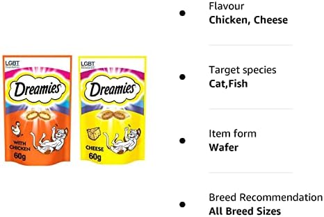 Dreamies Cat Treats Bundle - 2 Flavours - Tasty Chicken & Delicious Cheese 60g (one of each) + Dragonfly Products Cat Snacks 50g