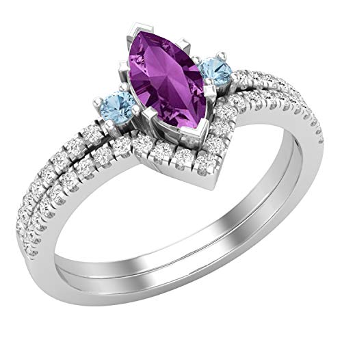 Dazzlingrock Collection 8X4 Mm Marquise Amethyst, Round Blue Topaz & White Diamond Ladies 3 Stone Engagement Ring Set, 10K White Gold, Size 7 #TOP7