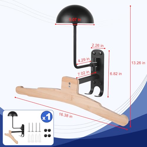 Motorcycle Helmet Rack Wall Mount 180 Degree Rotation Metal Bike Helmet Holder Mount Bicycle Helmet Display Hanger Stand with Wood Hanger & 2 Hooks for Motorcycle Bike Baseball Rugby Helmet - 1 Pack