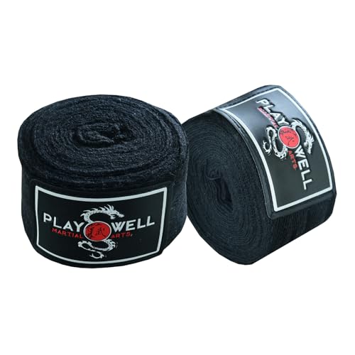 Playwell Fasce lunghe in cotone per arti marziali da boxe, 5 metri di lunghezza, colore: nero