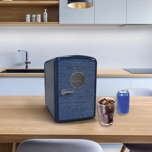 Frigidaire Mini Personal Fridge Cooler, 1 Gal Capacity fits 9 Cans, Includes Plugs for Home Outlet & DC Charger - 9.84" D x 7.09" W x 10.35" H, Indigo Denim Fabric Door - image 8