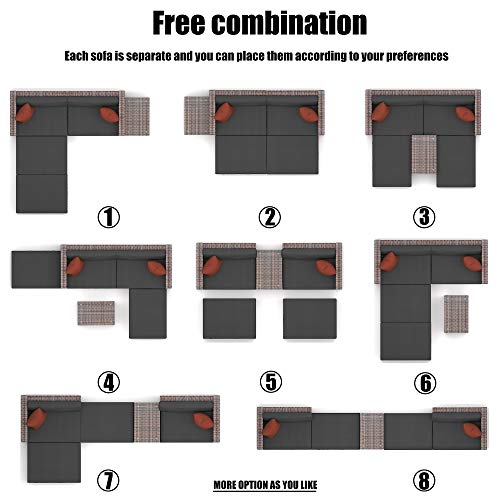 Glanzend 5 Pieces Outdoor Patio Furniture Wicker Sofa Sectional Couch Rattan Conversation Set, W/Protection Cover, Free Combination For Garden, Poolside, Backyard, Black Cushions & Red Pillows, Brown #TOP4