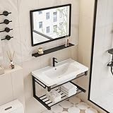 CHHQLZS Mueble para Lavabo con Espejo, Soporte De Lavabo Negro De Cerámica con Repisa Integrada,...