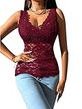 OYOANGLE Women's Sleeveless Mesh Floral Lace Scallop V Neck Backless Tank Top Blouse Burgundy S