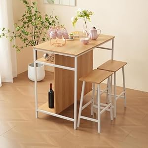BTYJLEBE カウンターテーブル 3点セット【棚板付き | 摇れ防止&足置き】スチール脚 木製 省スペース 2人掛け カウンターチェア 2脚 バーカウンター ハイテーブル カフェ リビング 北欧 ホワイト×ナチュラル