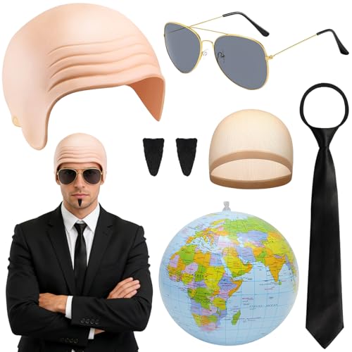 Athora Adults Mr Worldwide Cosplay Accessory Set 7PCS Mr Worldwide Costume with Adults Bald Cap Sunglasses Tie Inflatable Globe Celebrity Fancy Dress for Parties & Events