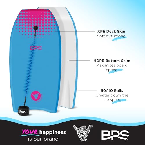 BPS 'Shaka' Lightweight Body Board - EPS Core Bodyboard with Wrist Leash for Beach Pool Surfing Kids Teens Adults (Blue Magenta, 41 Inch)