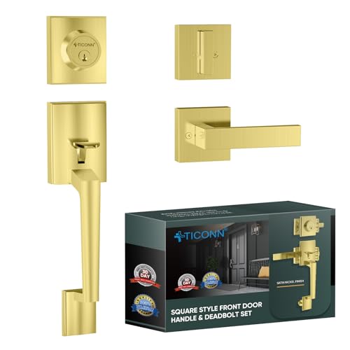Image of TICONN Front Door Handle Set, Heavy Duty Square Door Lever & Single Cylinder Deadbolt Combo Reversible for Entrance Exterior Doors (Satin Brass)