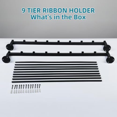 Image of 9 Tier Ribbon Storage Organizer, Wall Mounted Ribbon Holder, Wrapping Paper Rack for Craft Room, Cake Shop, Flower Store, Scarf Belt Organizer - Black, Metal, 27.55 x 35.43 x 3.93 Inches