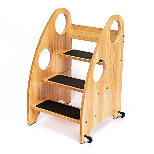 Strongtek Wooden Toddler Step Stool Kitchen Helper - 28" High, 300 Lbs Capacity, With Wheels And Handles - Ideal Bathroom And Kitchen Step Stool For Kids - Toddler Stool For Kitchen Counter Use #TOP9