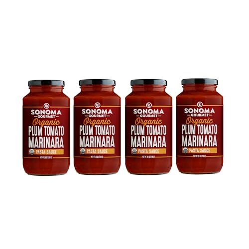 Sonoma Gourmet Plum Tomato Marinara Pasta Sauce | USDA Organic, Non-GMO, No Sugar Added | Made With Fresh Ingredients | 25 Ounce Jars (Pack of 4)