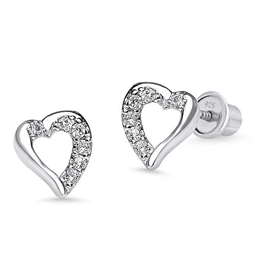 925 Sterling Silver Rhodium Plated Open Heart Cubic Zirconia Screwback Baby Girls Earrings
