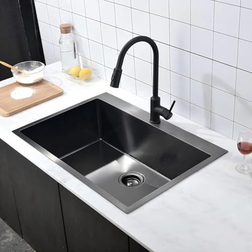 Comllen 28x18 inch Stainless Steel Black Drop In Kitchen Sink,28 Inch Topmount Sinks,16 Gauge 9 Inch Deep Single T304 Single Bowl Kitchen Sink With Strainer by Comllen - Used condition - Image 2