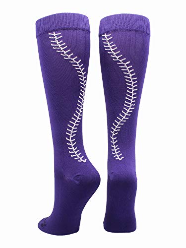 MadSportsStuff Softball Socks with Stitches Over The Calf (Purple/White, Medium)