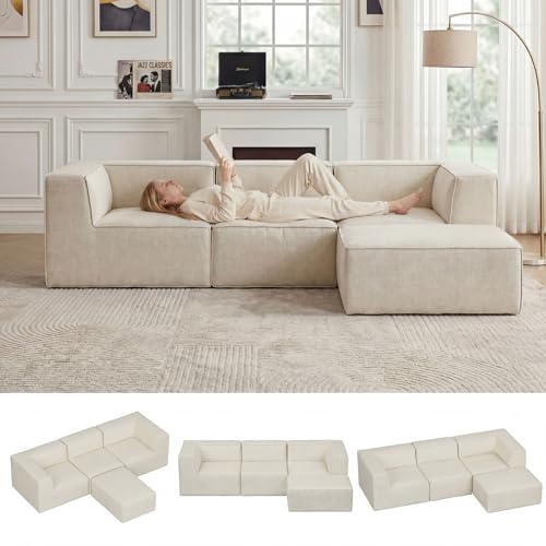 KOBY HOME 106" Sectional Compressed Sofa Modular Couches L-Shape with Chaise,High-Density Foam No Assembly Required,4-Piece(2xCorner 1xArmless 1xOttoman) for Living Room Chenille Beige