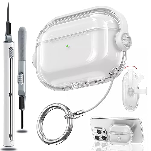 OJBSEN AirPods Pro3 �P�[�X 2025 AirPods Pro ��3���� �P�[�X ���S���b�N�t�� �����[�ۂ��� �v��3�J�o�[ �X�^���h�@�\�t�� �N���[�i�[�L�b�g�t�� �G�A�[�|�b�Y�v��3�J�o�[ ���C�����X�[�d�Ή� LED�� �X�g���b�v�t��