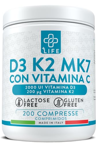 PiuLife Vitamina D3 K2 Mk7 con Vitamina C, 200 Compresse