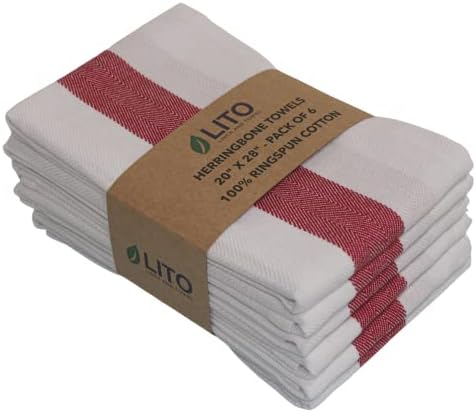 LITO LINEN AND TOWEL Kitchen Towels | 100% Cotton Dish Towels Premium Quality | 20"x28" Herringbone Red Stripe 6-Pack | Hand Towels, Tea Towels, Dish Cloth| Highly Absorbent Bar Towels