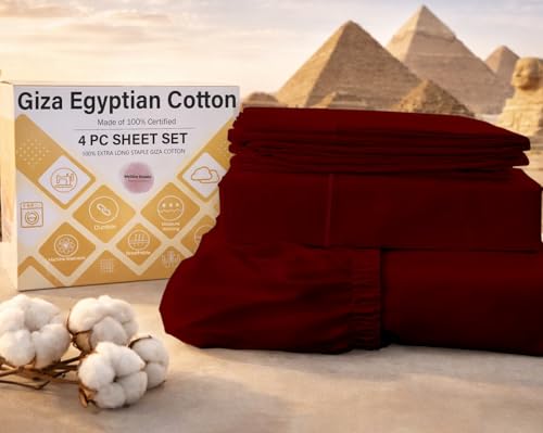 MyGiza Sheets 4 Pcs Queen Sheet Set, 100% Certified Giza Egyptian Cotton, Soft & Luxury Sheets fits 18 Inches Deep Mattress, Burgundy