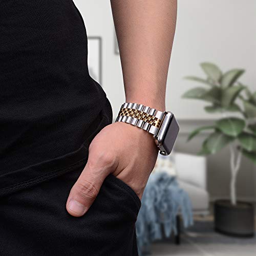 baozai Compatible with Apple Watch Band 42mm 41mm 40mm 38mm, iWatch Series 11-1 SE3 Stainless Steel Strap with Butterfly Folding Clasp for Women, Silver/Gold by baozai - Image 6